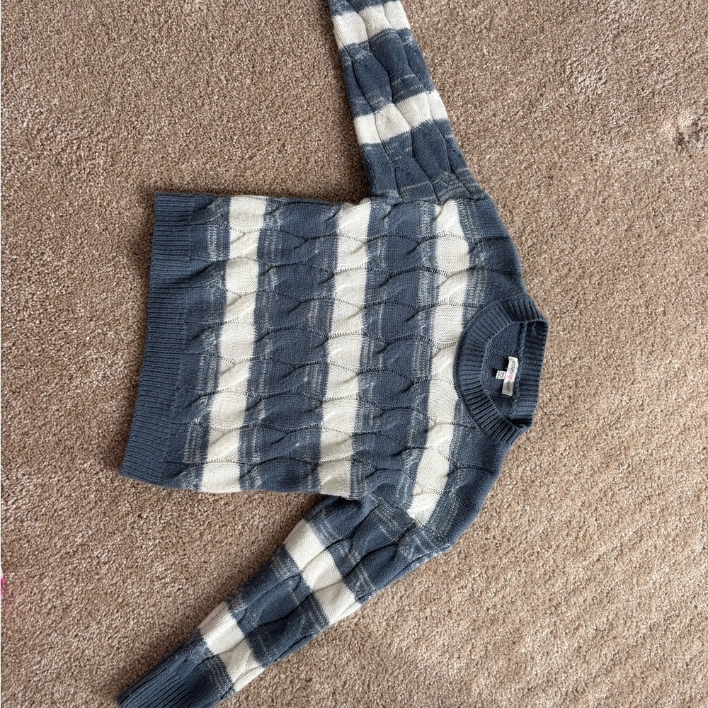 Woven Heart Blue and Cream Striped Cable Knit Crewneck Sweater